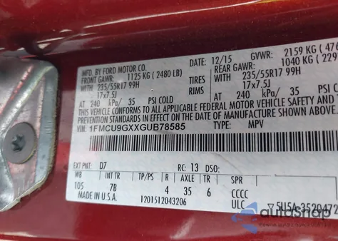 2016 Ford Escape Se из США, поврежденный, VIN 1FMCU9GXXGUB78585